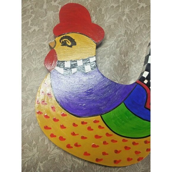 whimsical Rooster Figurine wood wall-hanging Multicolor & black white checkered - Picture 4 of 15